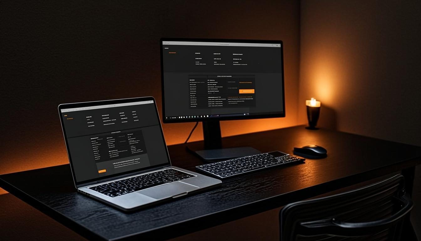 Mesa de trabalho do estúdio TAUFF com telas acesas em ambiente escuro